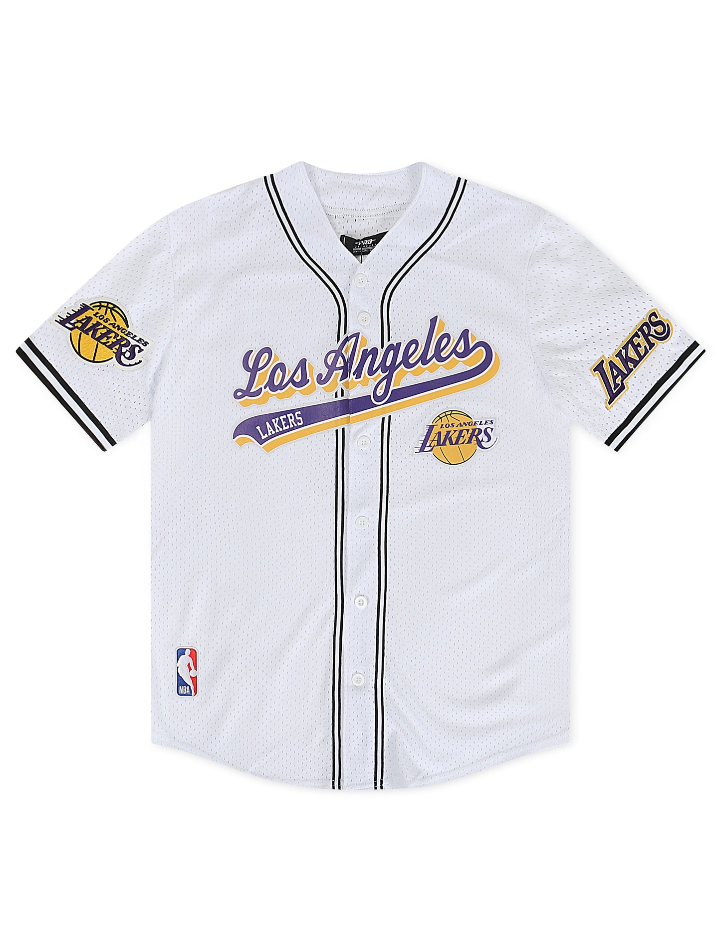 Camisa abotonada de malla con diseño "Script Tail" de los Lakers de Los Ángeles Pro Standard - Blanco/Negro