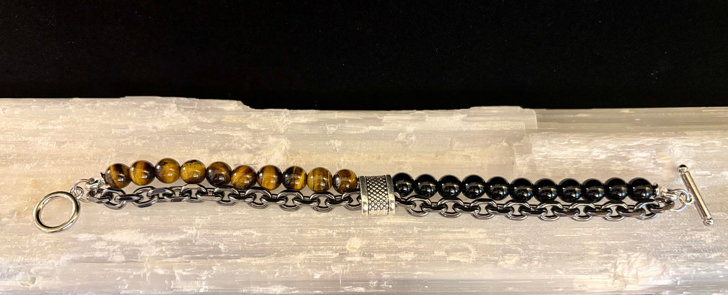 Pulsera de fuerza e intención infundida con reiki de lapislázuli u ojo de tigre con cadena plateada (muñeca mediana a grande)