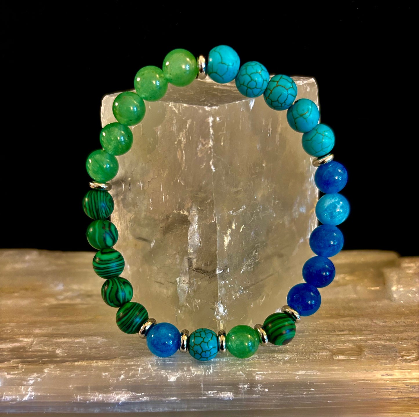 Pulsera Curativa para Aliviar la Ansiedad – Se adapta a muñecas grandes (Malaquita, Aventurina Verde, Turquesa y Aguamarina)
