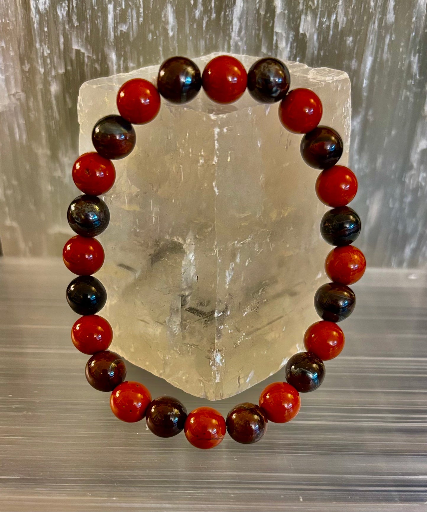 Pulsera de Protección Poderosa – Pulsera Curativa de Ojo de Tigre Rojo y Jaspe Rojo (Para Muñecas Grandes)