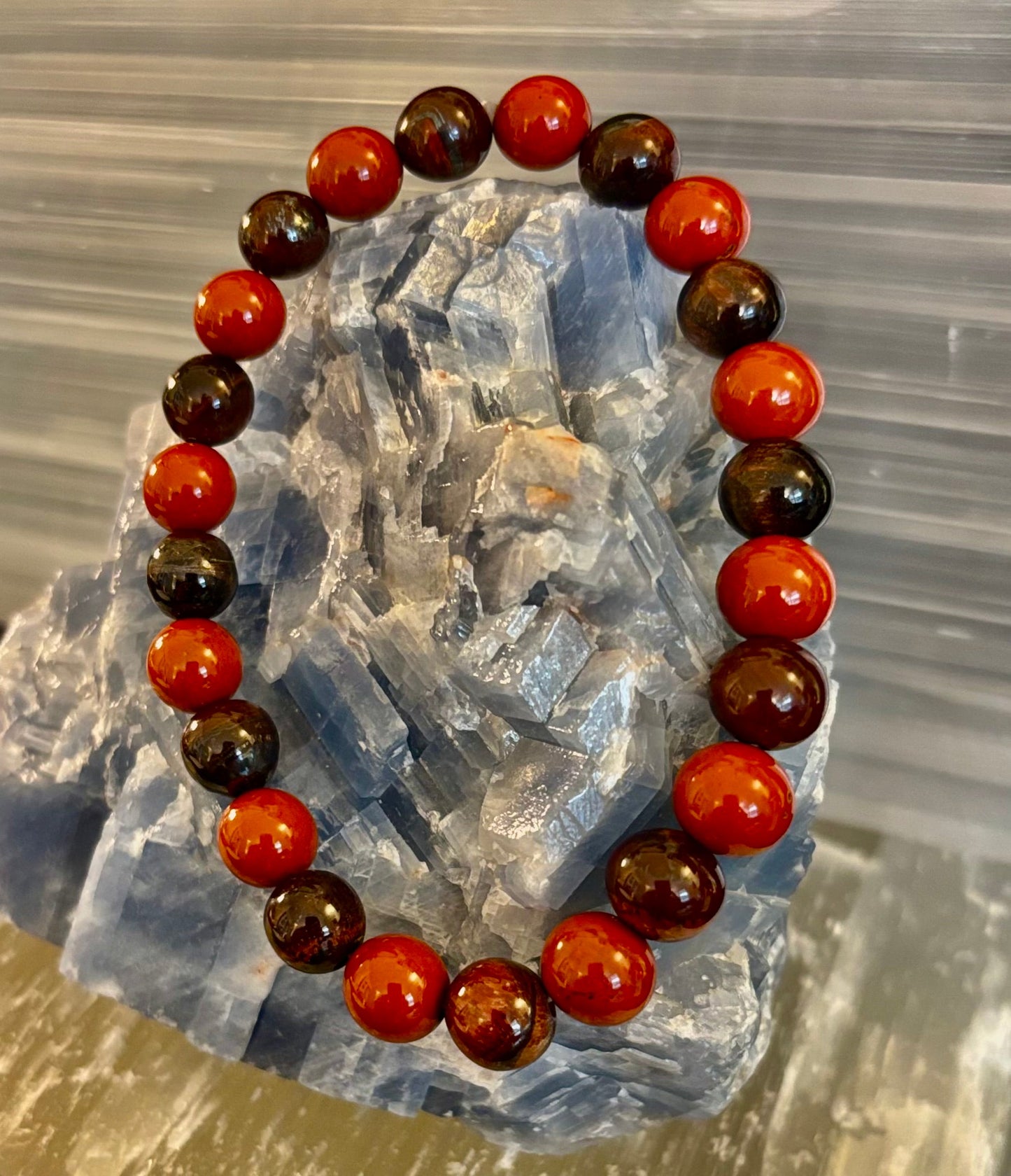 Pulsera de Protección Poderosa – Pulsera Curativa de Ojo de Tigre Rojo y Jaspe Rojo (Para Muñecas Grandes)