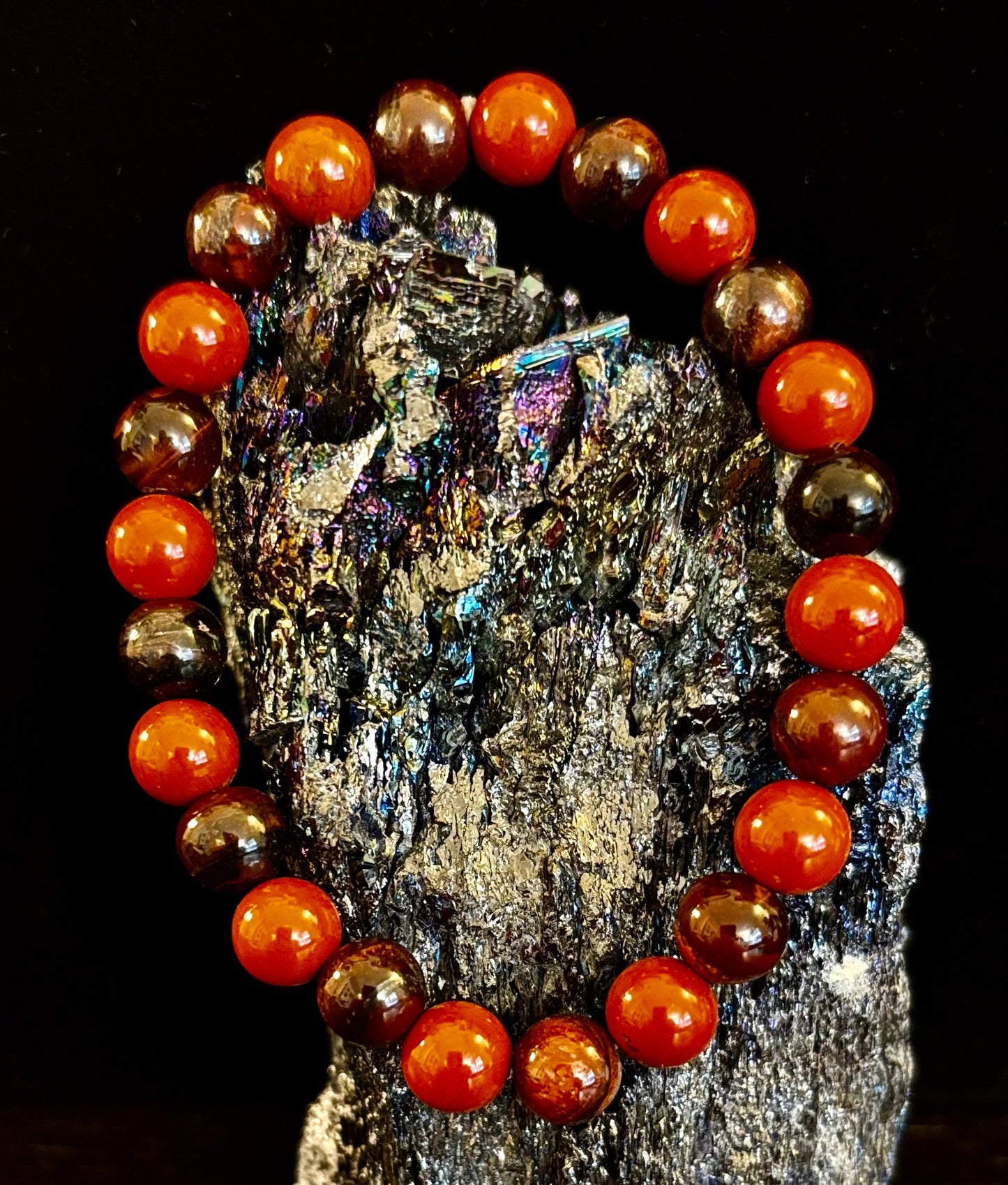 Pulsera de Protección Poderosa – Pulsera Curativa de Ojo de Tigre Rojo y Jaspe Rojo (Para Muñecas Grandes)
