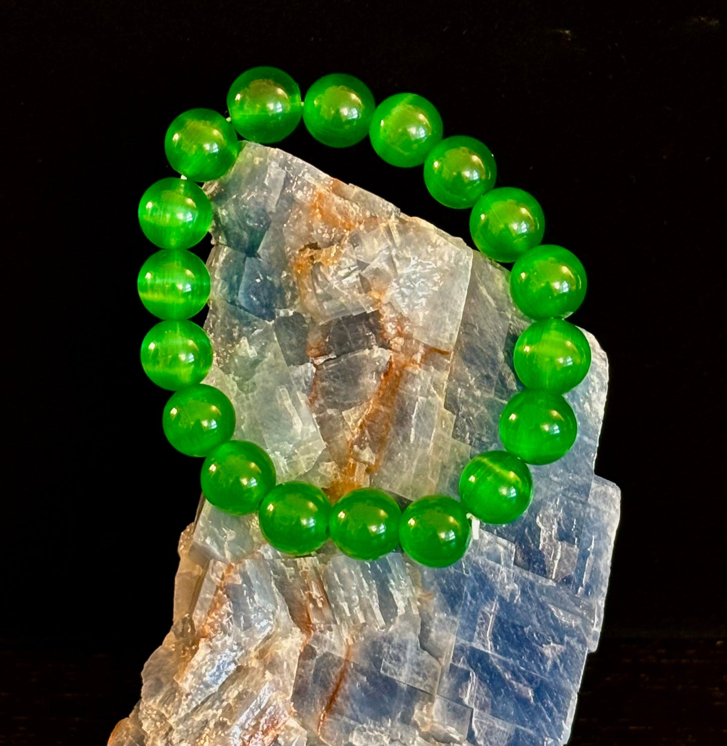 Pulsera de cuentas de cristal de ojo de gato verde (8, 10 y 12 mm para muñecas pequeñas y medianas)