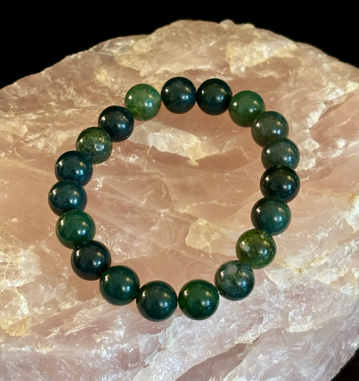Pulsera de ágata musgosa natural de 8 mm y 10 mm – Joyería para el crecimiento, la abundancia y la conexión a tierra con infusión de Reiki (múltiples tamaños de muñeca)