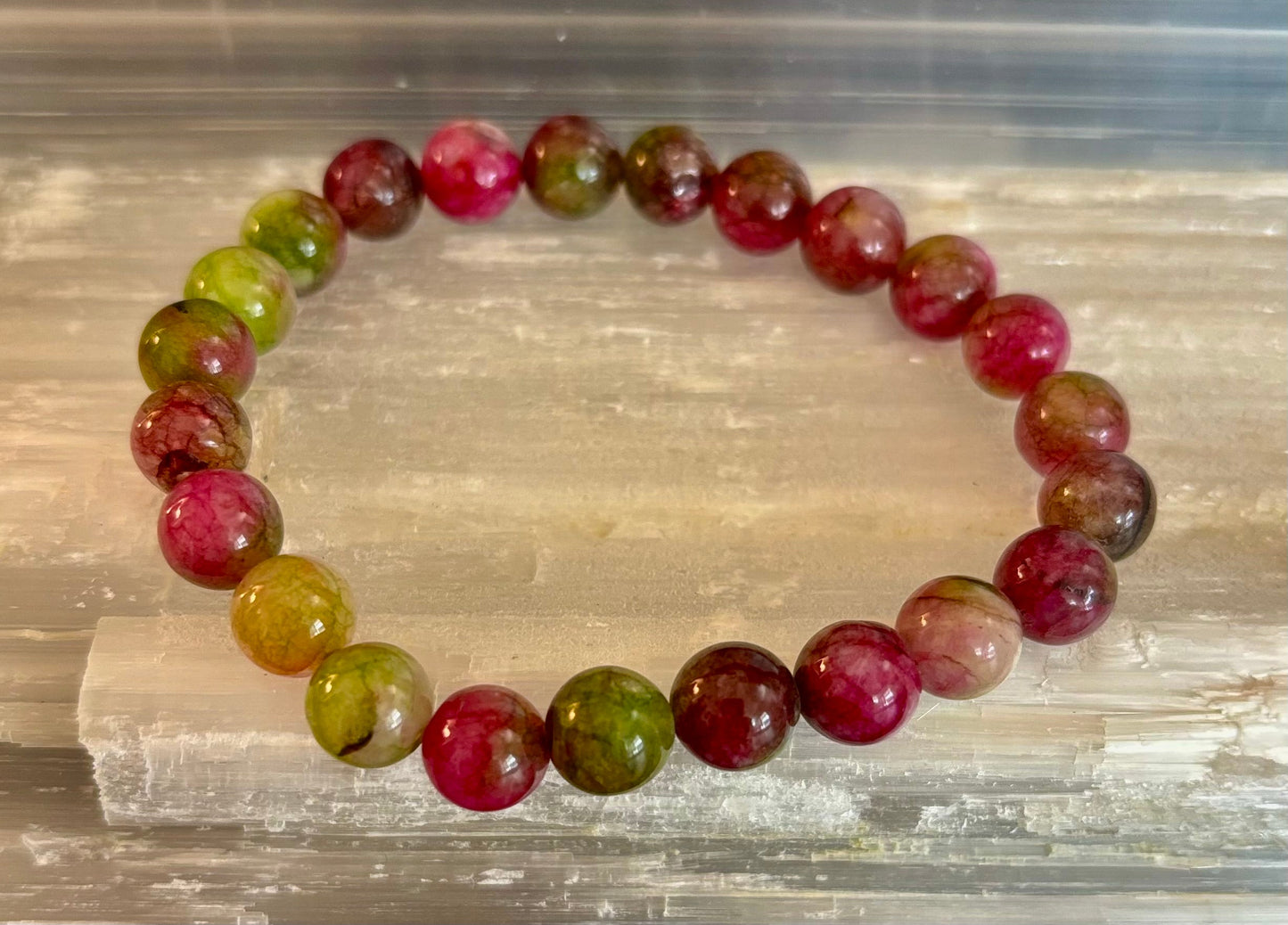 Pulsera de amor y sanación de turmalina sandía – Cuentas de piedras preciosas naturales de 8 mm (muñecas pequeñas a medianas)