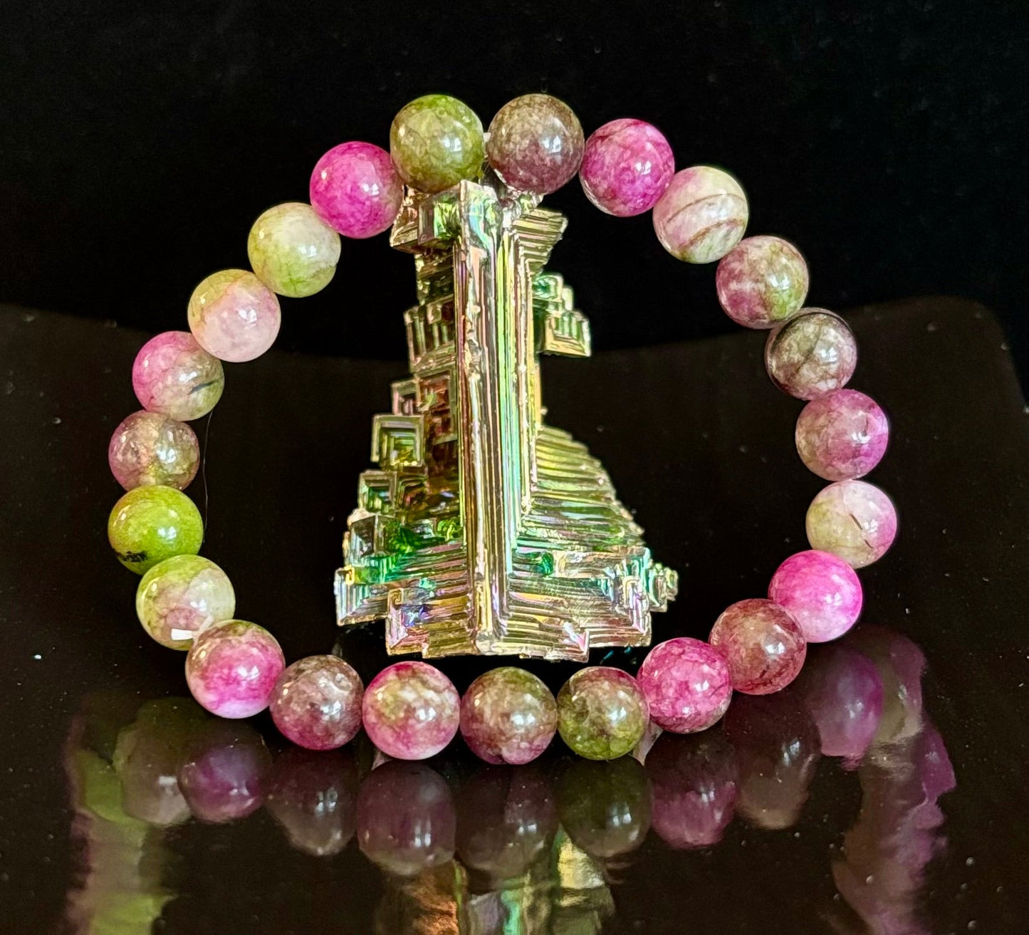 Pulsera de amor y sanación de turmalina sandía – Cuentas de piedras preciosas naturales de 8 mm (muñecas pequeñas a medianas)