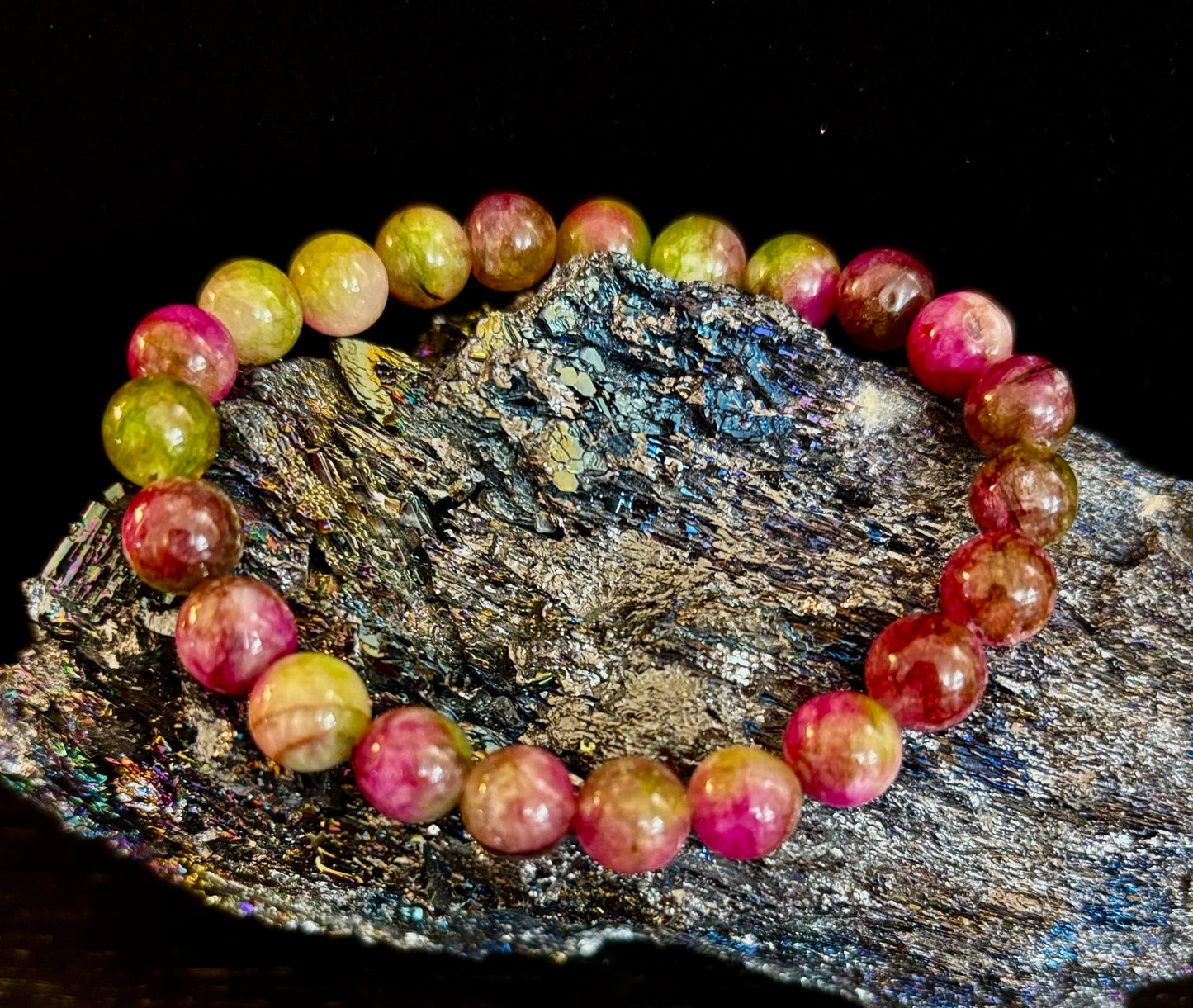 Pulsera de amor y sanación de turmalina sandía – Cuentas de piedras preciosas naturales de 8 mm (muñecas pequeñas a medianas)