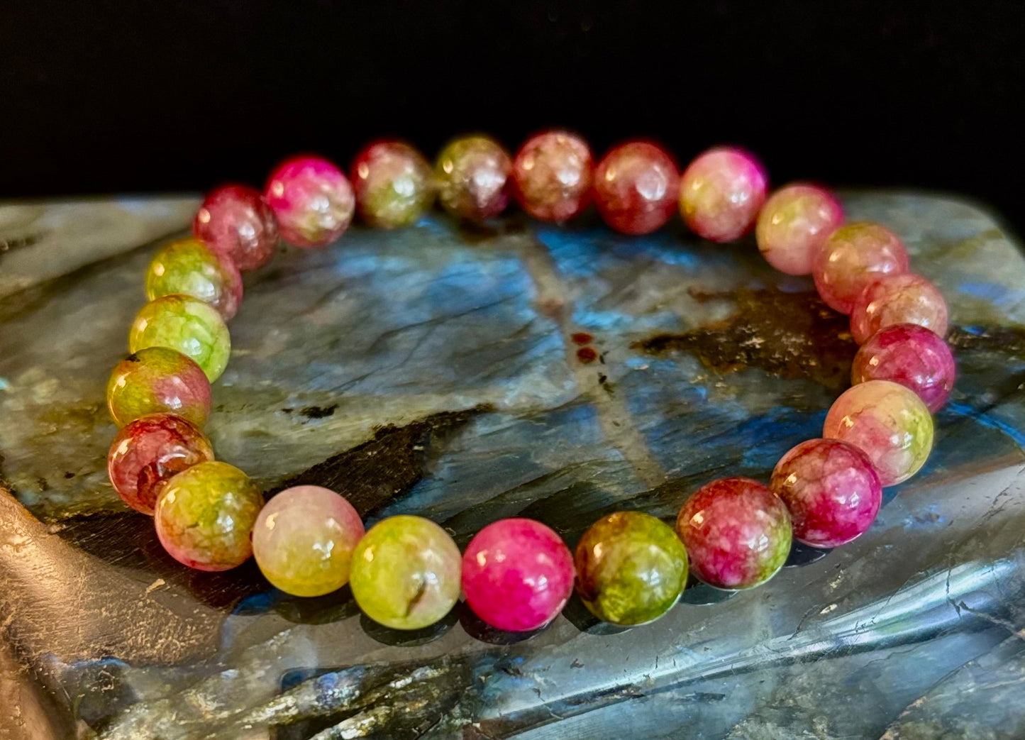 Pulsera de amor y sanación de turmalina sandía – Cuentas de piedras preciosas naturales de 8 mm (muñecas pequeñas a medianas)