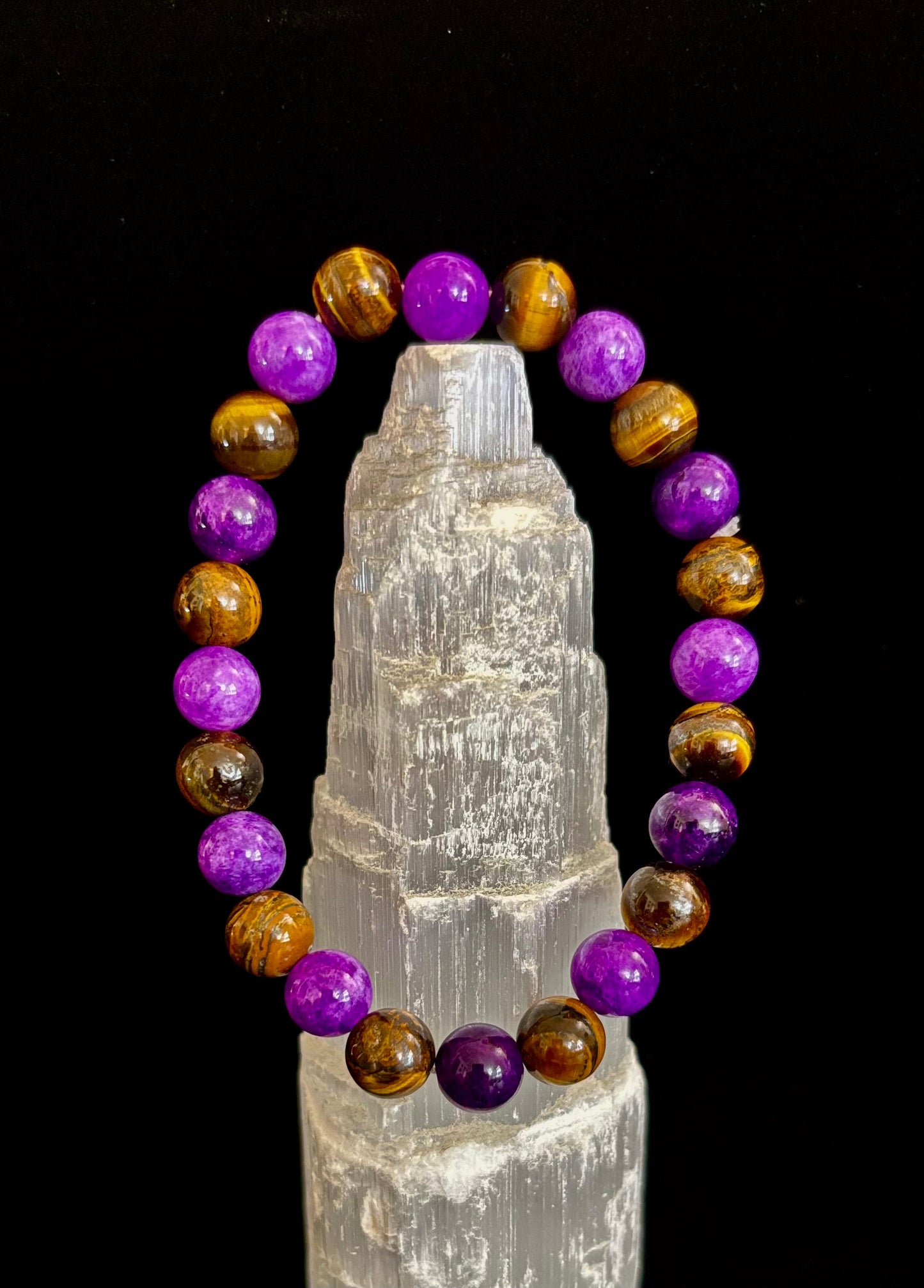 Pulsera Amatista y Ojo de Tigre de 8mm, Infusionada con Reiki, Equilibrio y Confianza (Muñeca Mediana-Grande)