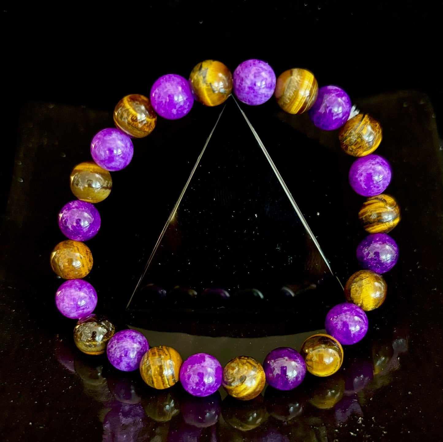 Pulsera Amatista y Ojo de Tigre de 8mm, Infusionada con Reiki, Equilibrio y Confianza (Muñeca Mediana-Grande)