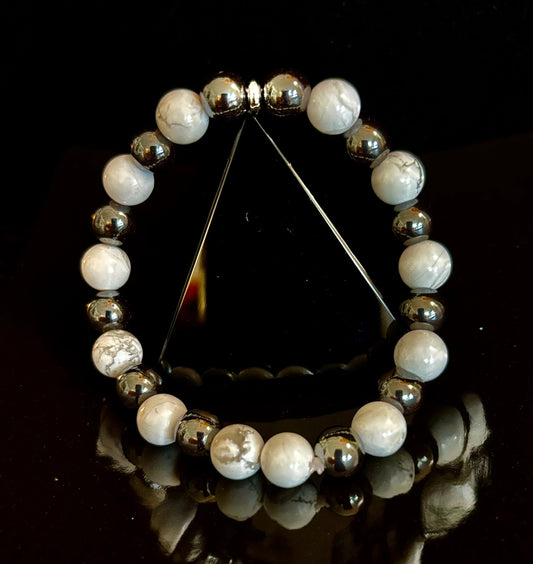White Howlite & Hematite Reiki-Infused Calm & Grounding Bracelet (Medium Wrist)