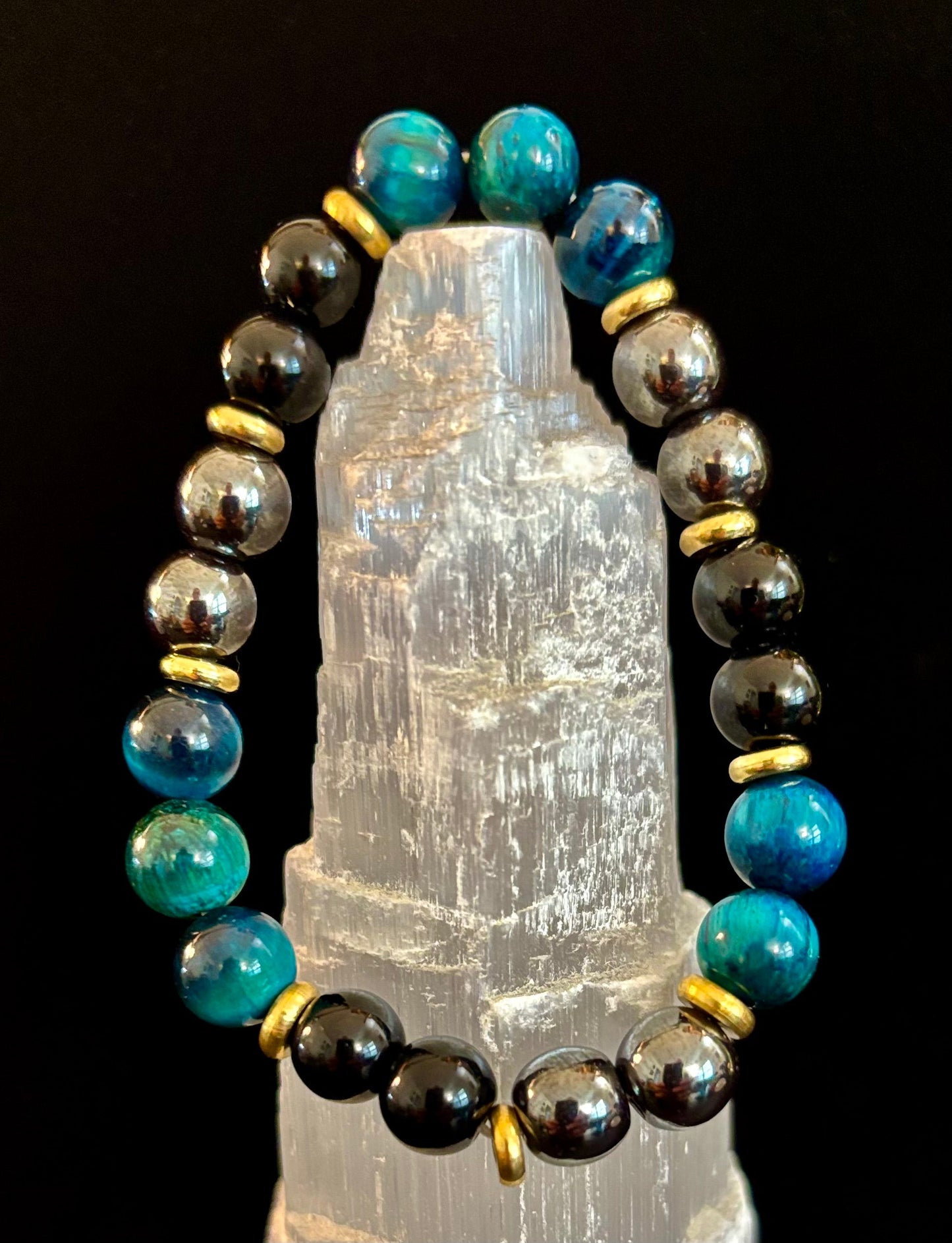 Pulsera de Ojo de Tigre Azul + Hematita + Ónix – Alivio de la Ansiedad, Fuerza y Concentración (8mm • Muñeca Mediana)