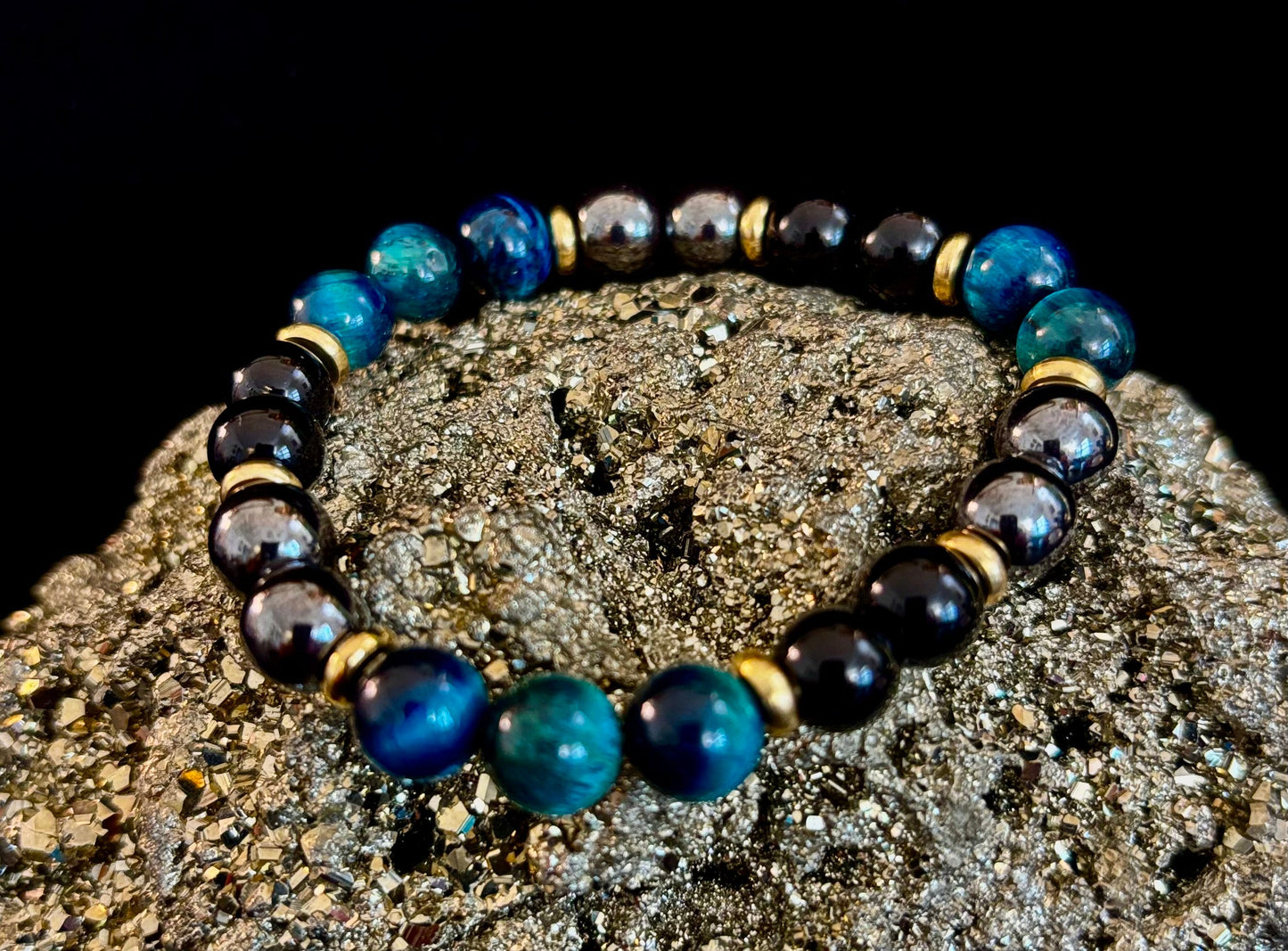 Pulsera de Ojo de Tigre Azul + Hematita + Ónix – Alivio de la Ansiedad, Fuerza y Concentración (8mm • Muñeca Mediana)