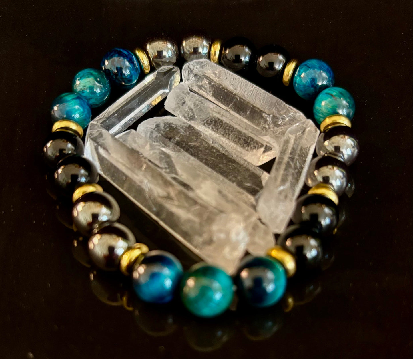 Pulsera de Ojo de Tigre Azul + Hematita + Ónix – Alivio de la Ansiedad, Fuerza y Concentración (8mm • Muñeca Mediana)