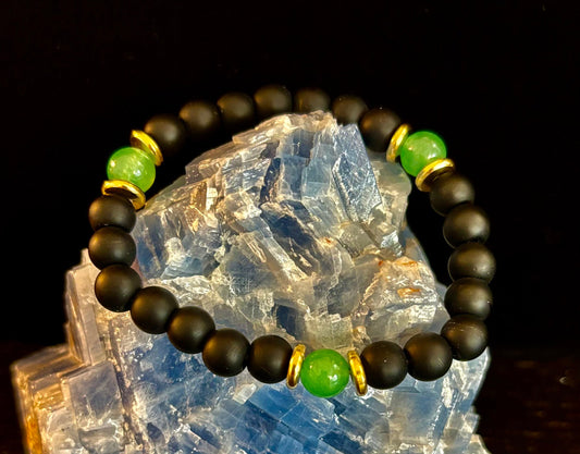 Pulsera de Abundancia y Conexión a Tierra con Ónix Negro Mate y Aventurina Verde Infundida con Reiki (Muñeca Mediana-Grande)