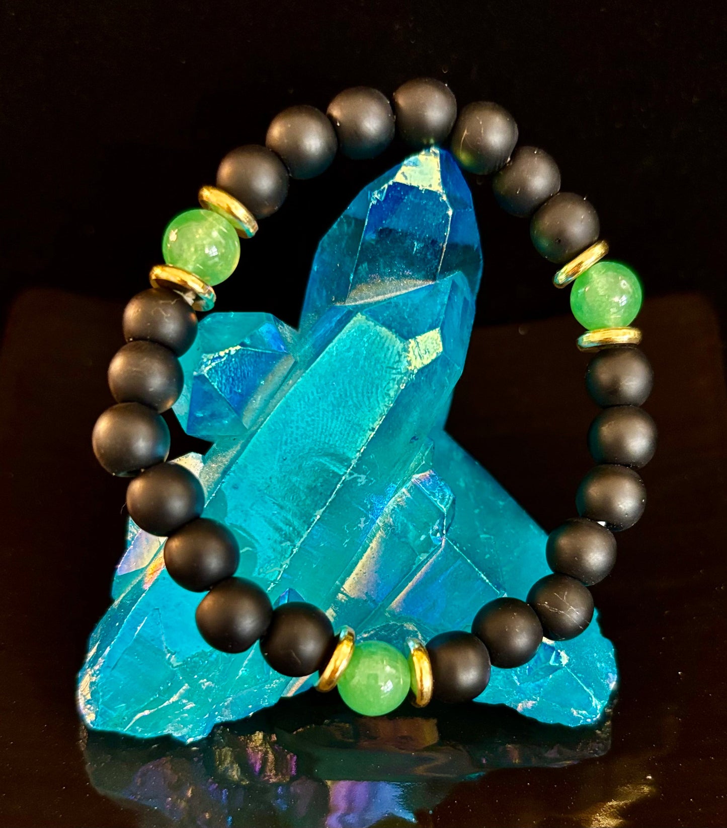 Pulsera de Abundancia y Conexión a Tierra con Ónix Negro Mate y Aventurina Verde Infundida con Reiki (Muñeca Mediana-Grande)