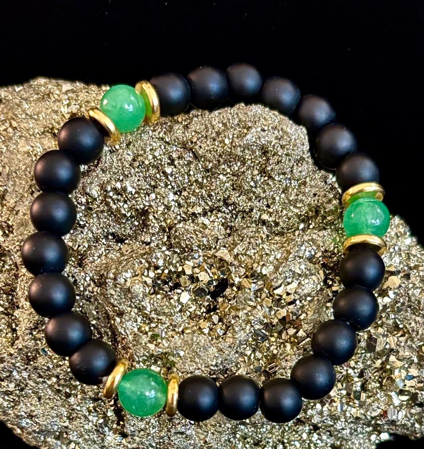 Pulsera de Abundancia y Conexión a Tierra con Ónix Negro Mate y Aventurina Verde Infundida con Reiki (Muñeca Mediana-Grande)