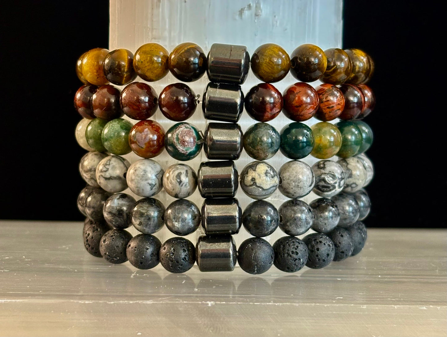 Colección Energía Terrestre – 6 opciones - Pulseras de piedra natural y cuentas magnéticas para muñecas medianas a grandes