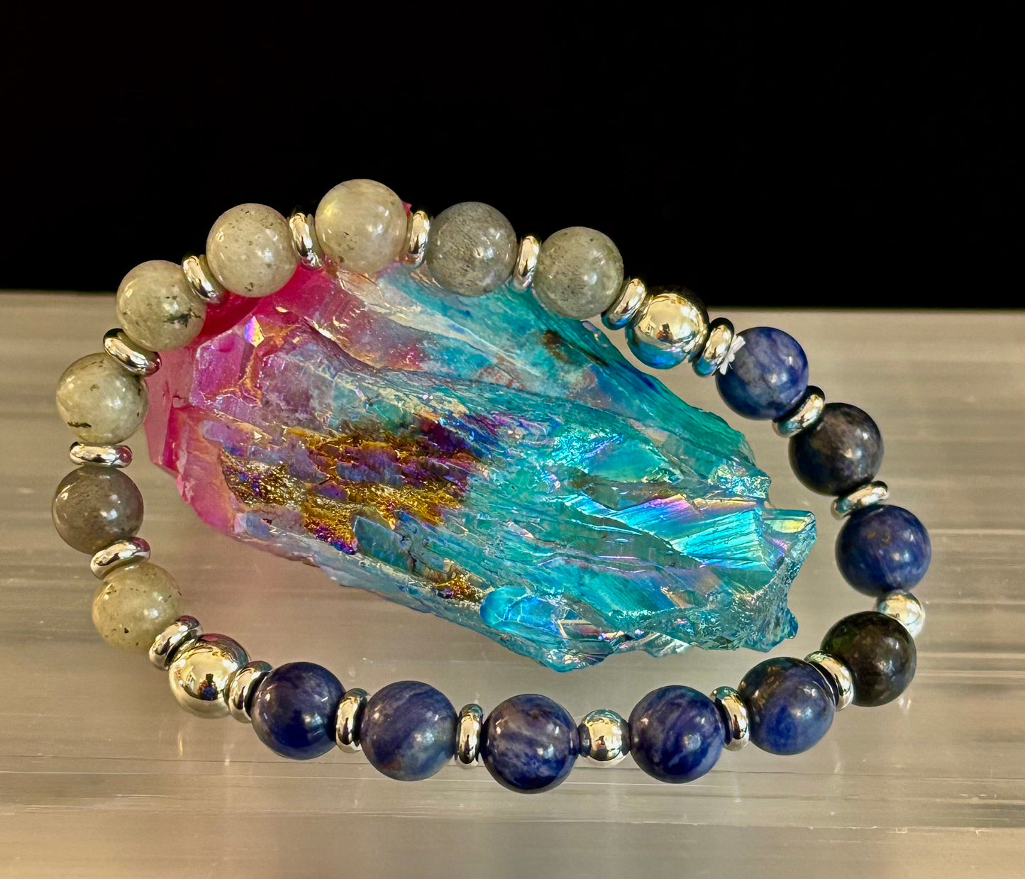 Pulsera de sodalita y labradorita con reiki para la intuición y la claridad (Muñeca mediana-grande)