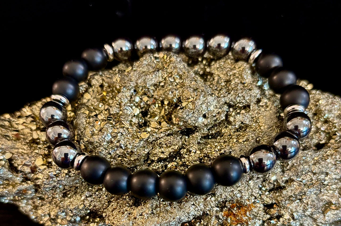 Pulsera de protección poderosa – Ónix negro y Hematita | Cuentas de 8 mm | Muñecas medianas a grandes