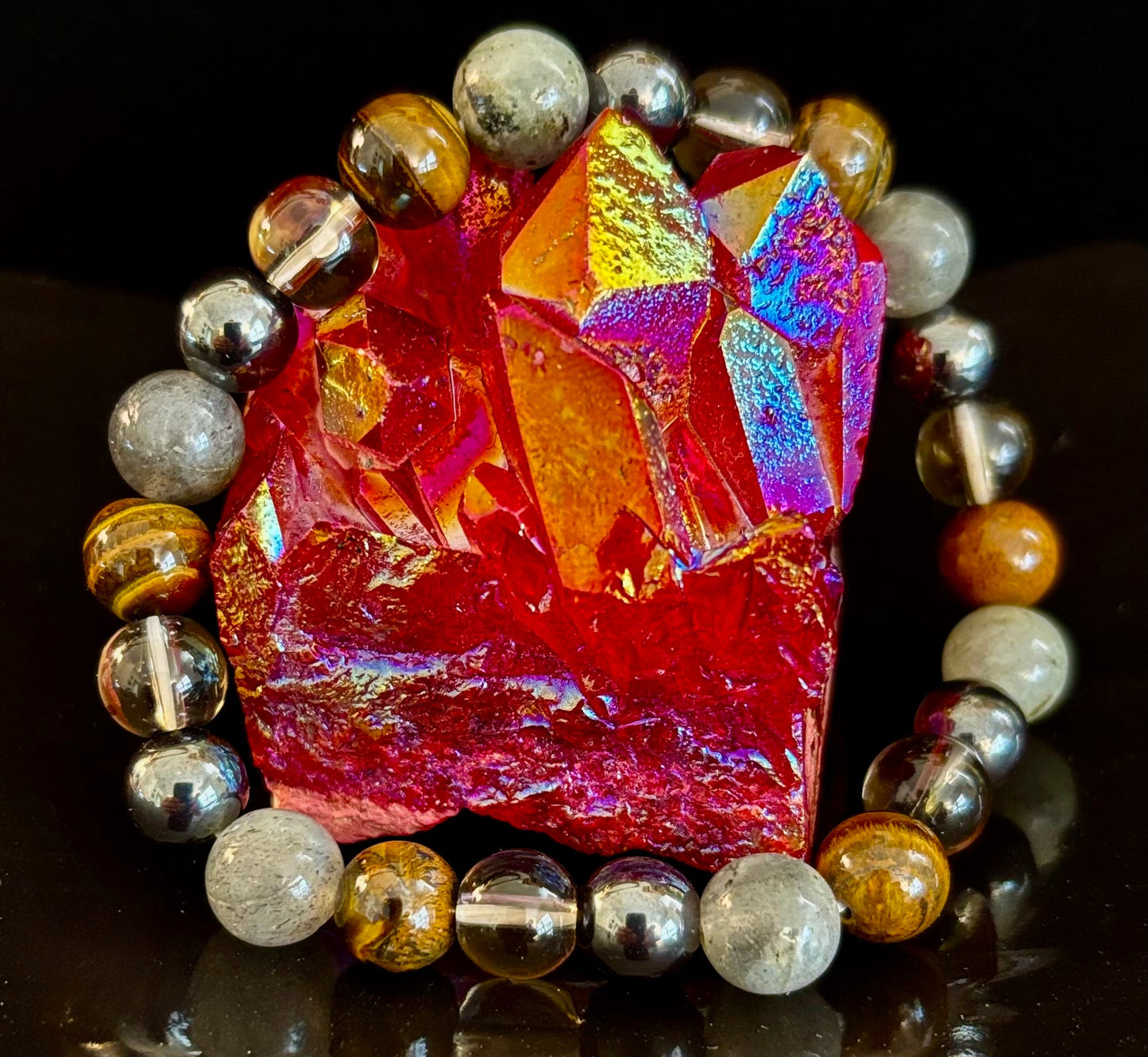 Pulsera de protección de Ojo de Tigre, Labradorita, Hematita, Cuarzo Ahumado – Fuerza, Claridad y Conexión a tierra