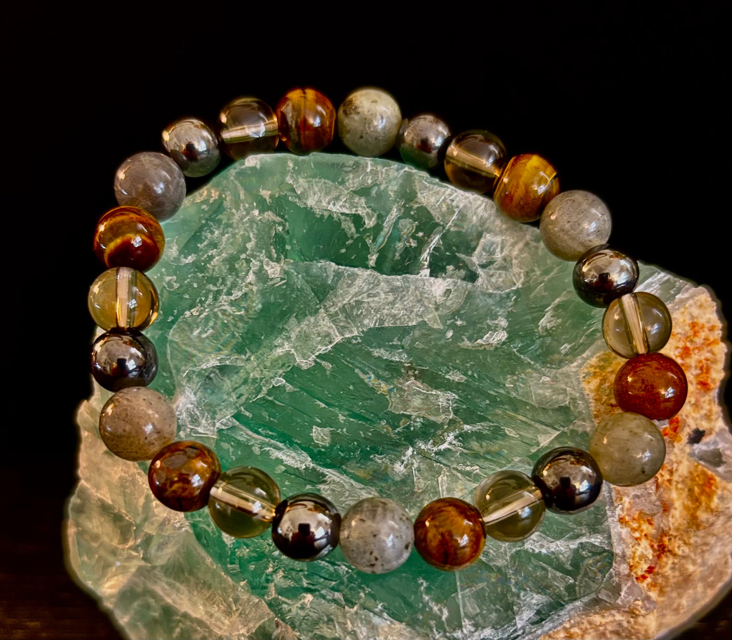 Pulsera de protección de Ojo de Tigre, Labradorita, Hematita, Cuarzo Ahumado – Fuerza, Claridad y Conexión a tierra
