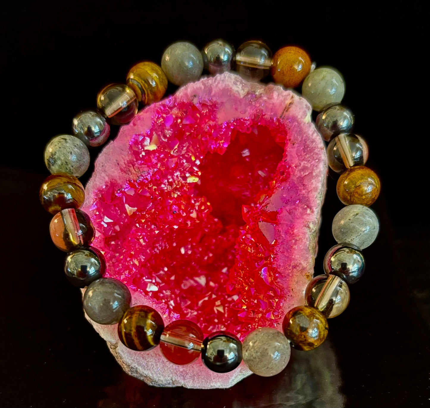Pulsera de protección de Ojo de Tigre, Labradorita, Hematita, Cuarzo Ahumado – Fuerza, Claridad y Conexión a tierra