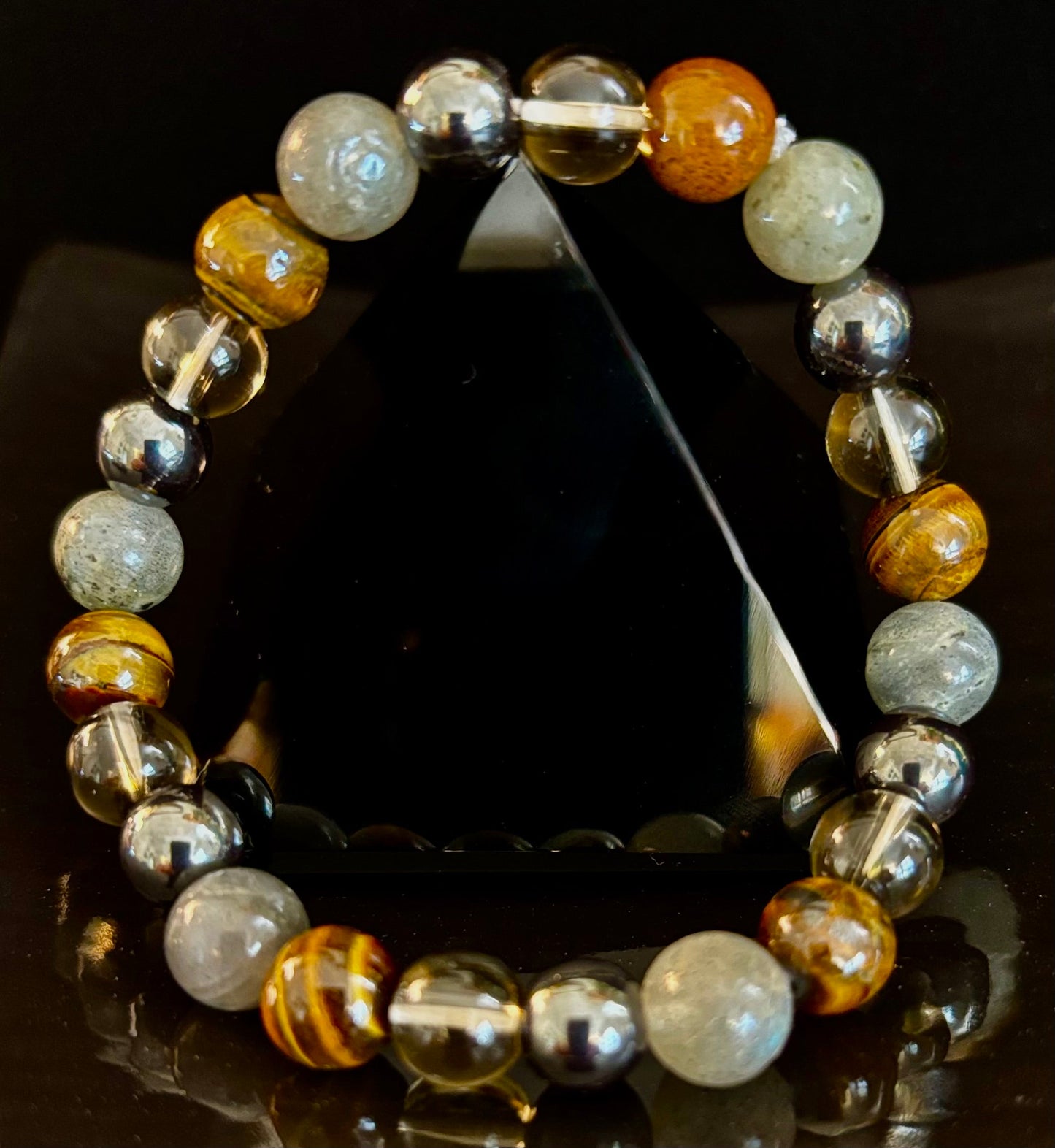 Pulsera de protección de Ojo de Tigre, Labradorita, Hematita, Cuarzo Ahumado – Fuerza, Claridad y Conexión a tierra