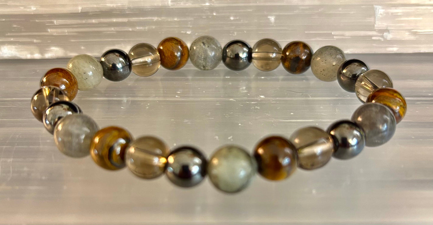 Pulsera de protección de Ojo de Tigre, Labradorita, Hematita, Cuarzo Ahumado – Fuerza, Claridad y Conexión a tierra