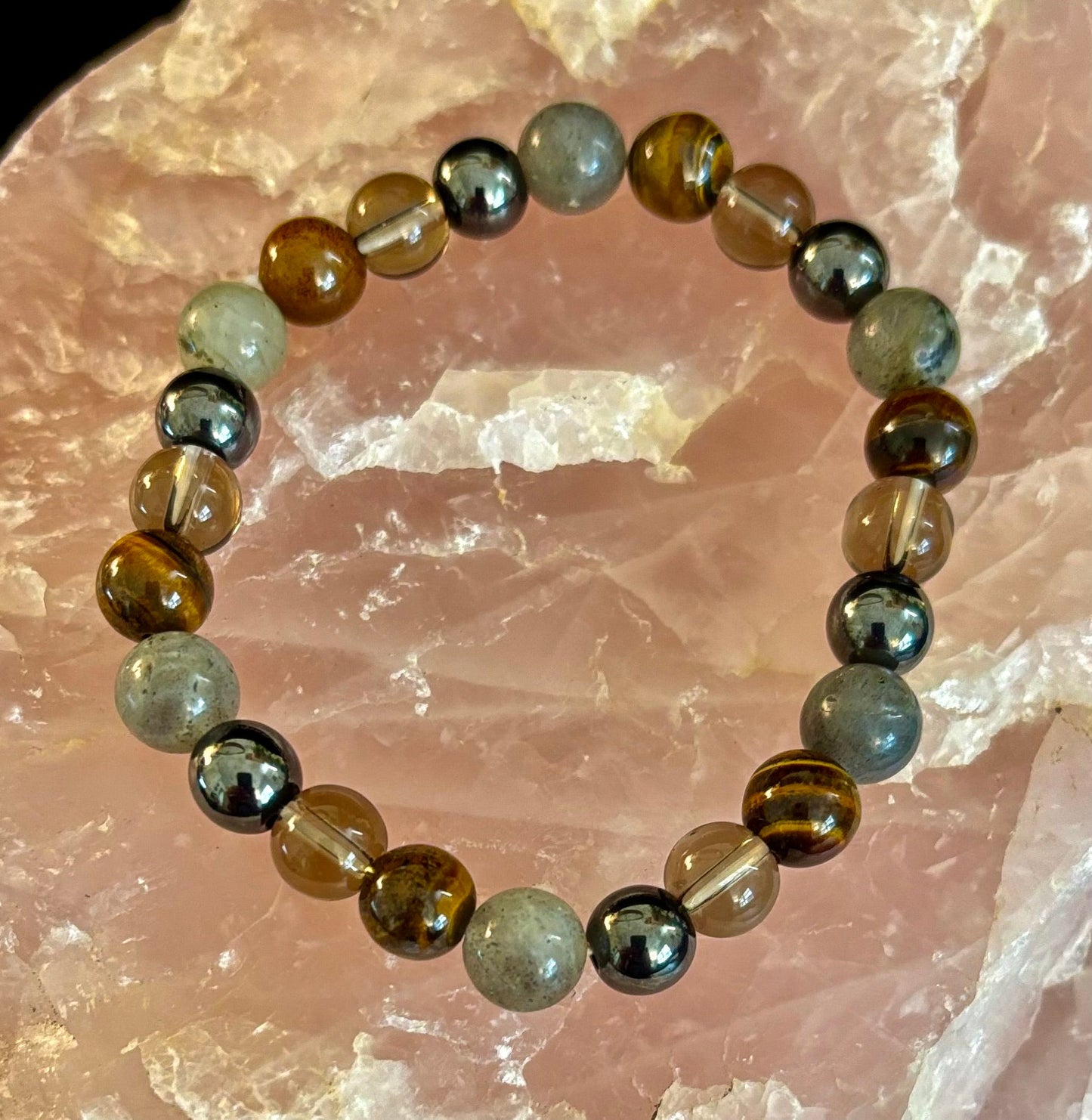 Pulsera de protección de Ojo de Tigre, Labradorita, Hematita, Cuarzo Ahumado – Fuerza, Claridad y Conexión a tierra