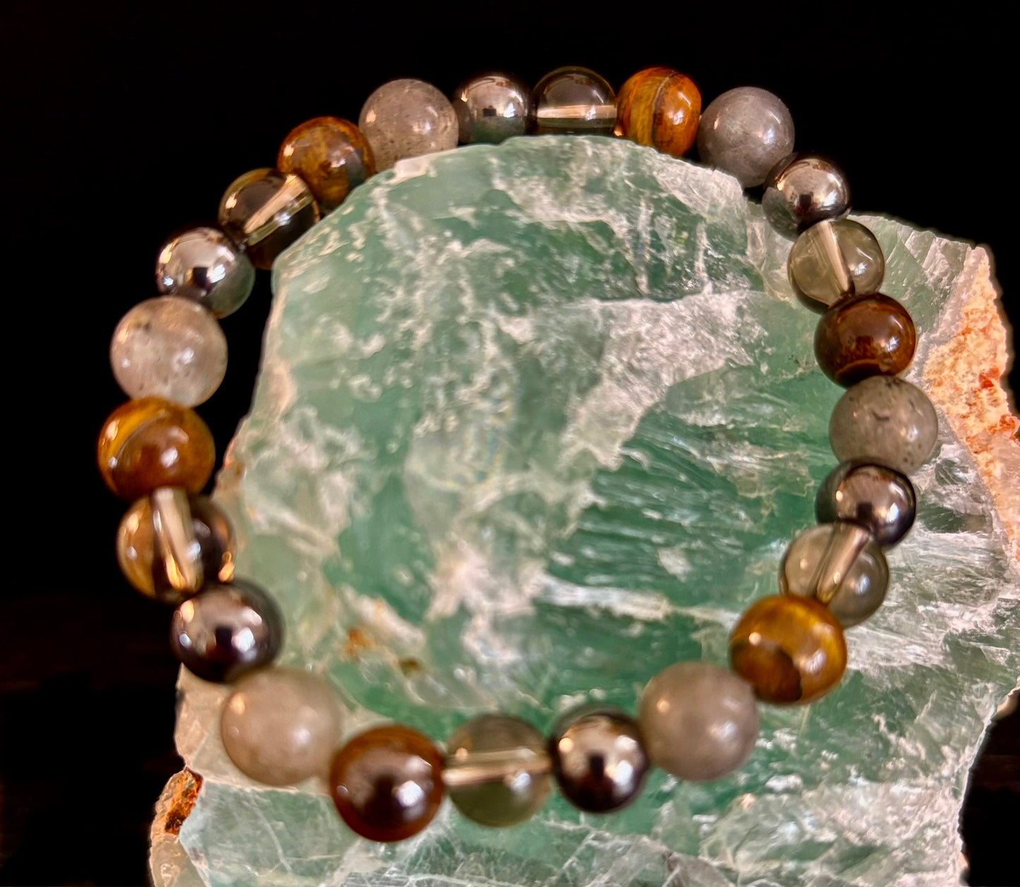 Pulsera de protección de Ojo de Tigre, Labradorita, Hematita, Cuarzo Ahumado – Fuerza, Claridad y Conexión a tierra