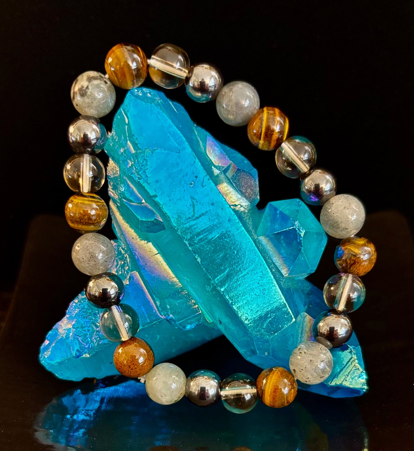 Pulsera de protección de Ojo de Tigre, Labradorita, Hematita, Cuarzo Ahumado – Fuerza, Claridad y Conexión a tierra