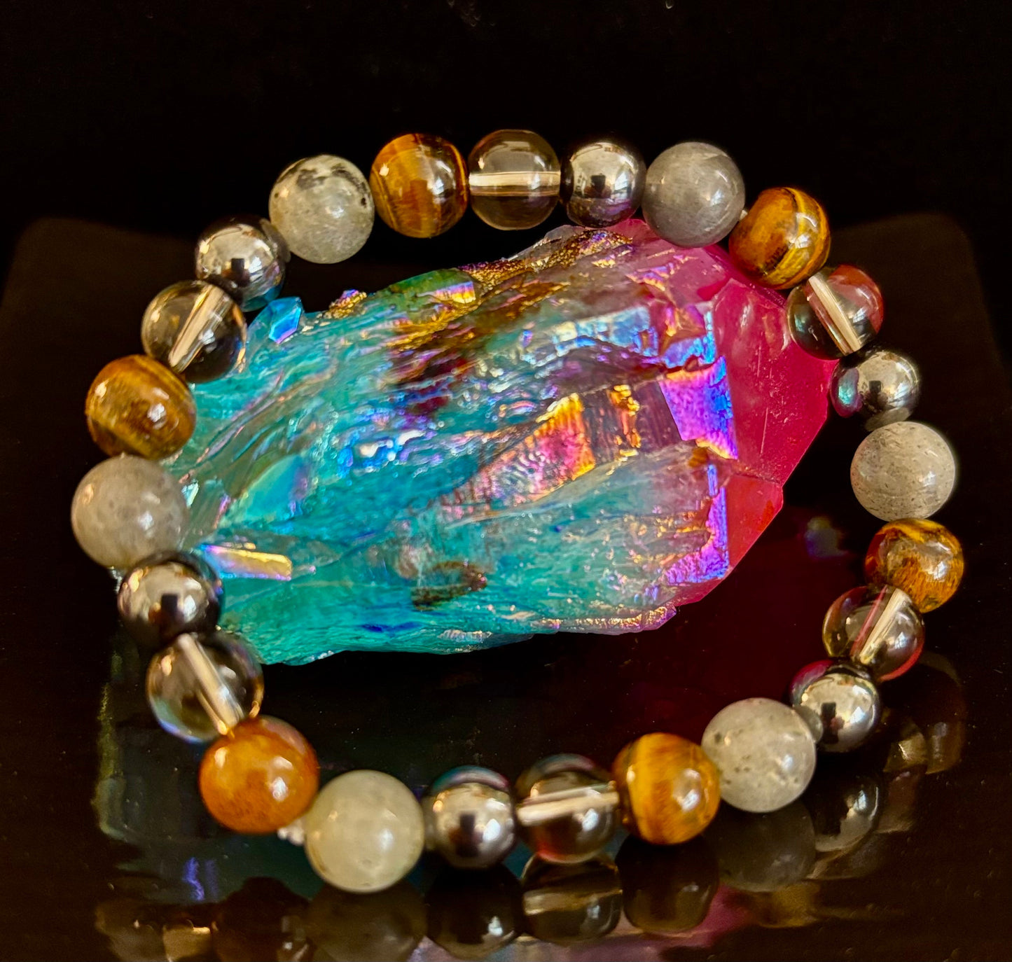 Pulsera de protección de Ojo de Tigre, Labradorita, Hematita, Cuarzo Ahumado – Fuerza, Claridad y Conexión a tierra
