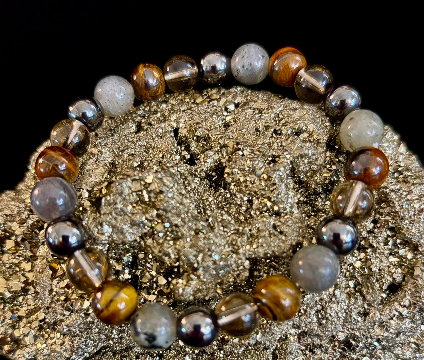 Pulsera de protección de Ojo de Tigre, Labradorita, Hematita, Cuarzo Ahumado – Fuerza, Claridad y Conexión a tierra