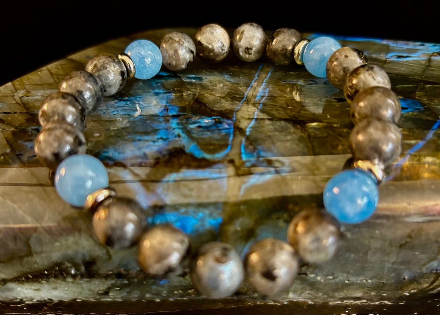 Pulsera de Cuentas de Labradorita Negra y Aguamarina – Protección, Calma y Claridad