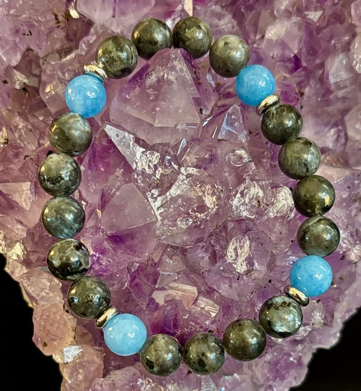 Pulsera de Cuentas de Labradorita Negra y Aguamarina – Protección, Calma y Claridad