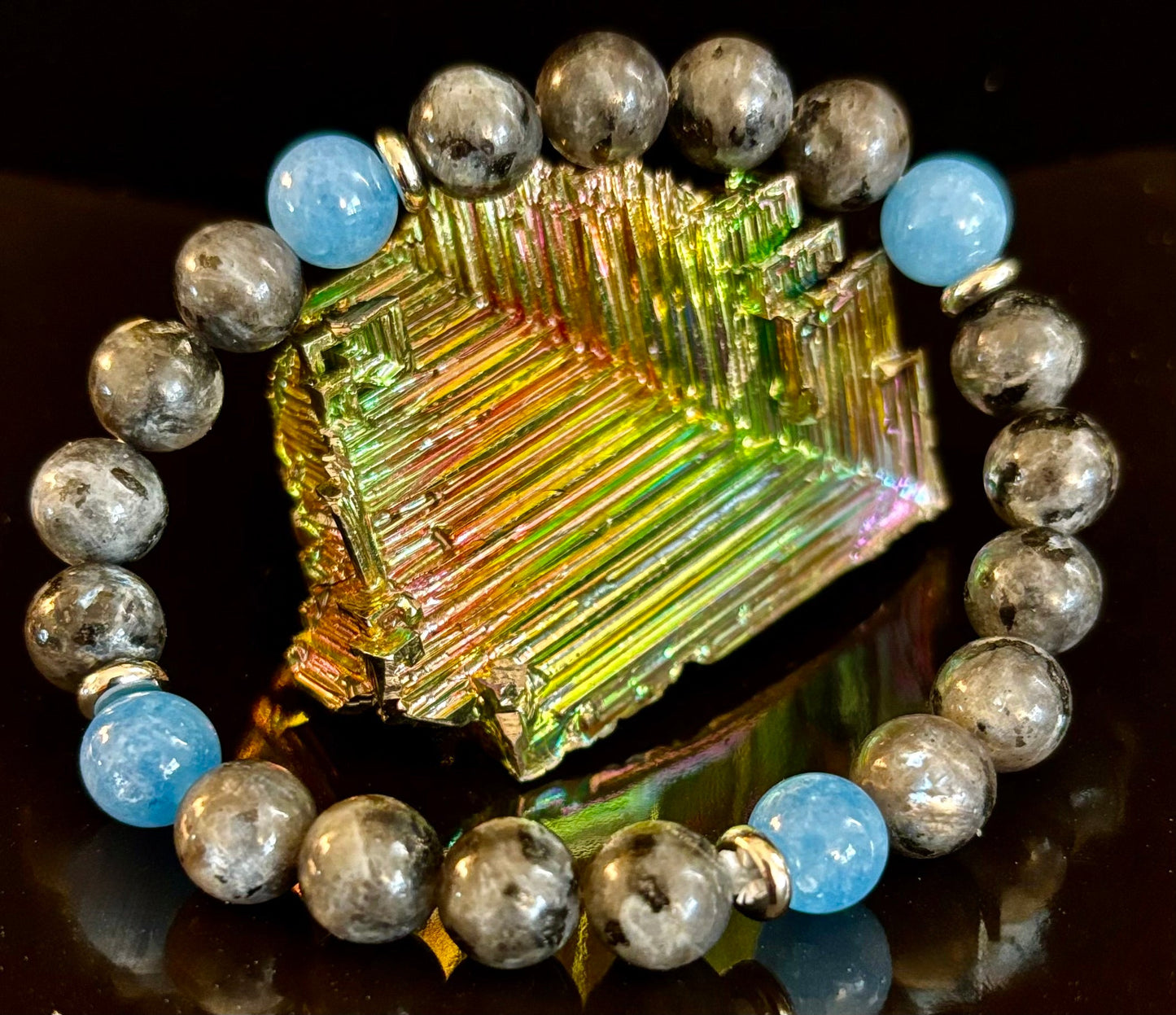Pulsera de Cuentas de Labradorita Negra y Aguamarina – Protección, Calma y Claridad
