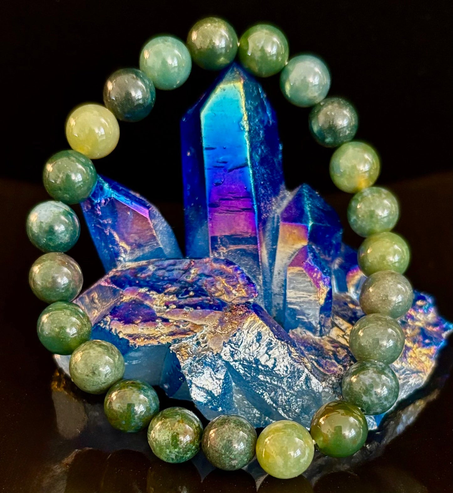 Pulsera de ágata musgosa natural de 8 mm y 10 mm – Joyería para el crecimiento, la abundancia y la conexión a tierra con infusión de Reiki (múltiples tamaños de muñeca)