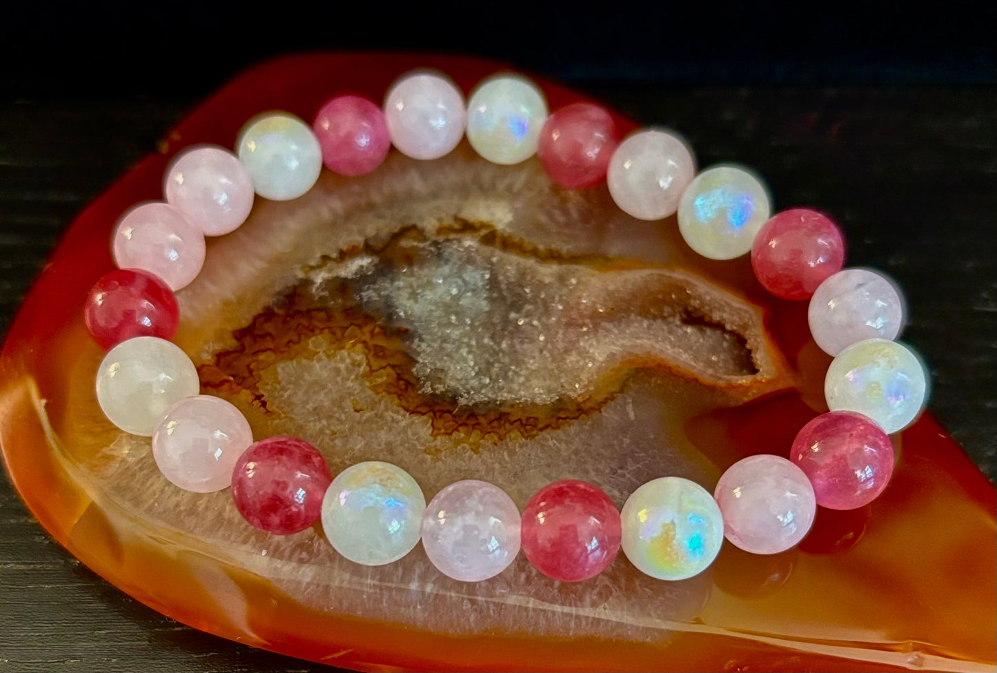Pulsera para atraer el amor – Piedra lunar, Cuarzo rosa y Cuarzo fresa