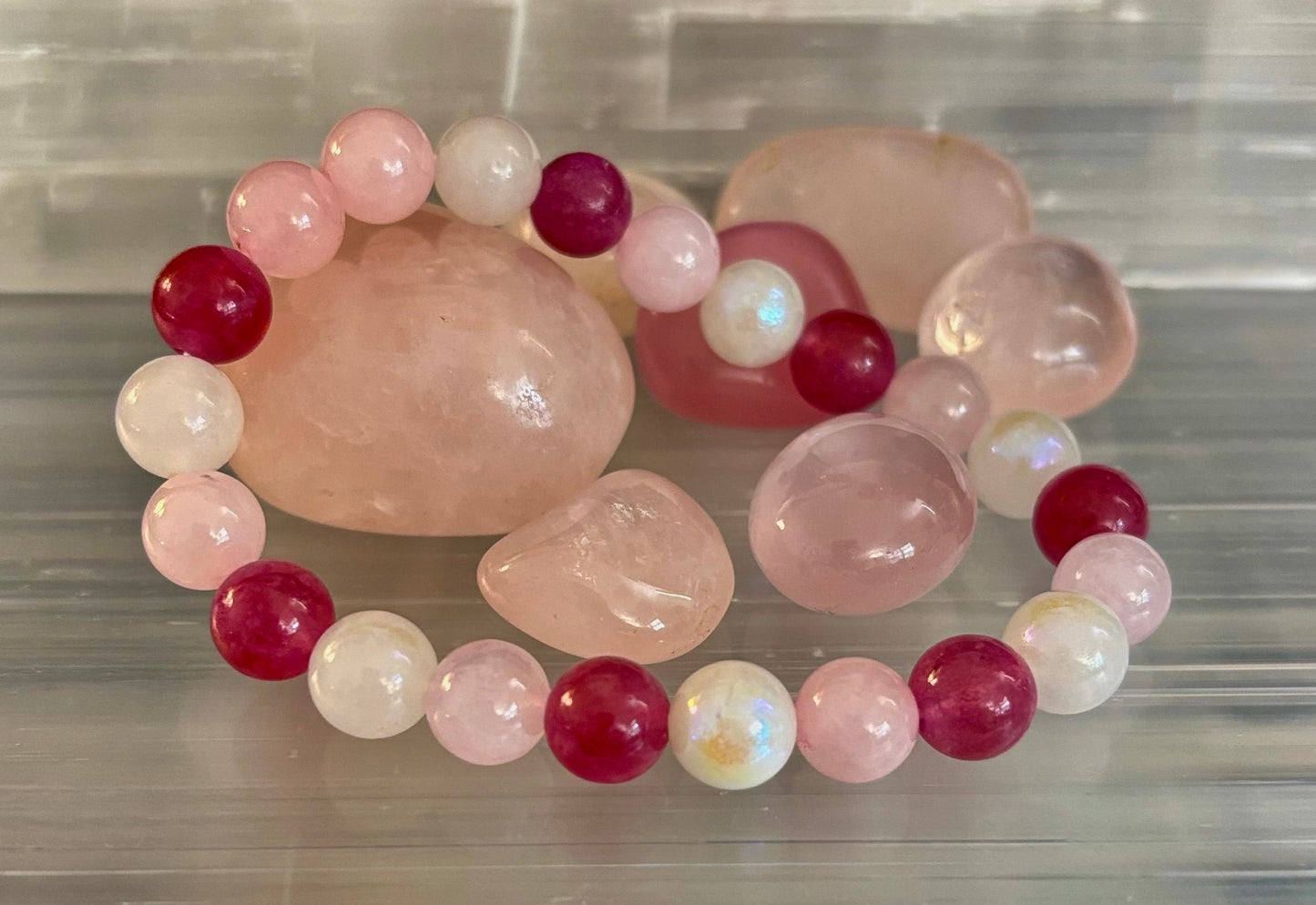 Pulsera para atraer el amor – Piedra lunar, Cuarzo rosa y Cuarzo fresa