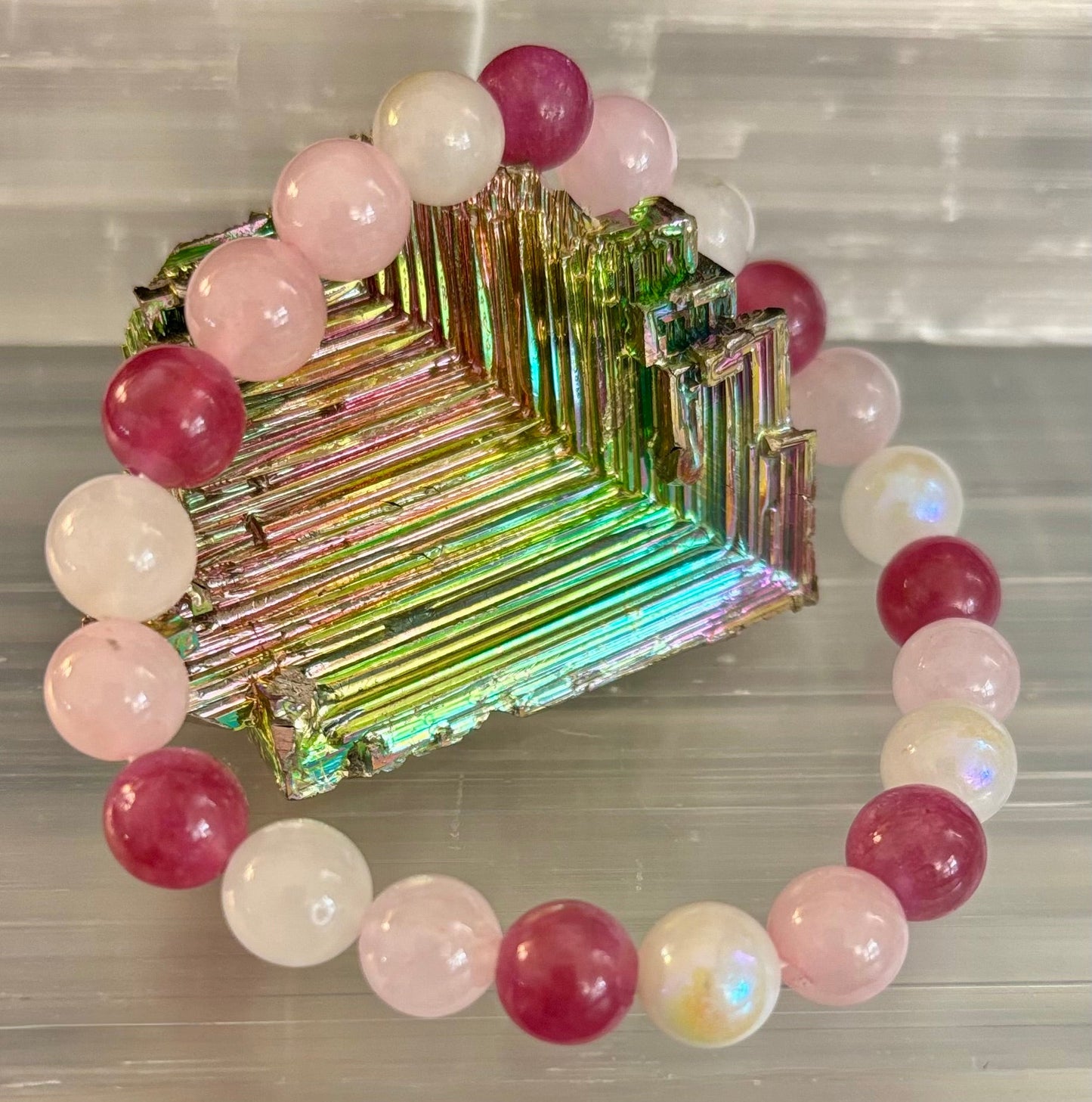 Pulsera para atraer el amor – Piedra lunar, Cuarzo rosa y Cuarzo fresa