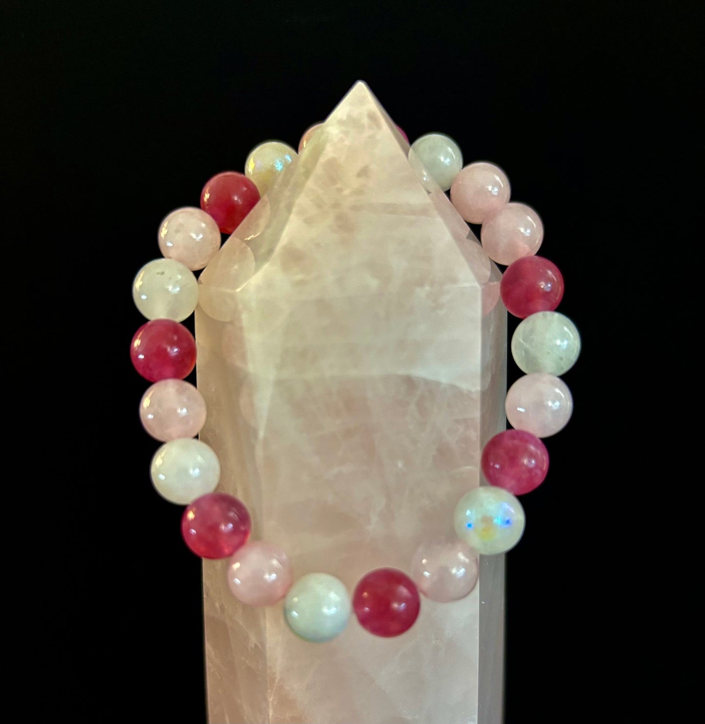 Pulsera para atraer el amor – Piedra lunar, Cuarzo rosa y Cuarzo fresa