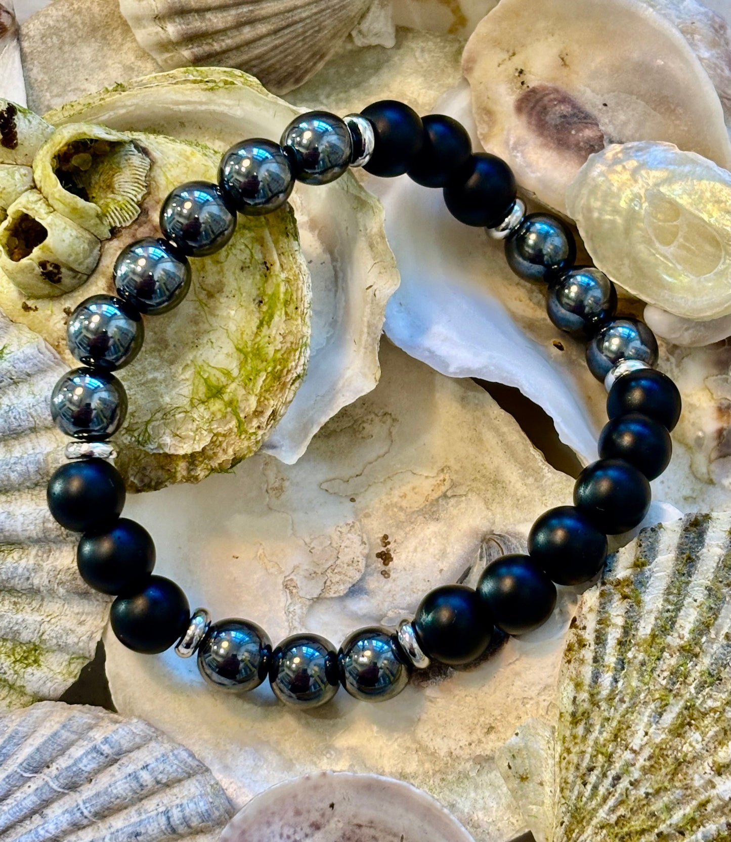 Pulsera de protección poderosa – Ónix negro y Hematita | Cuentas de 8 mm | Muñecas medianas a grandes