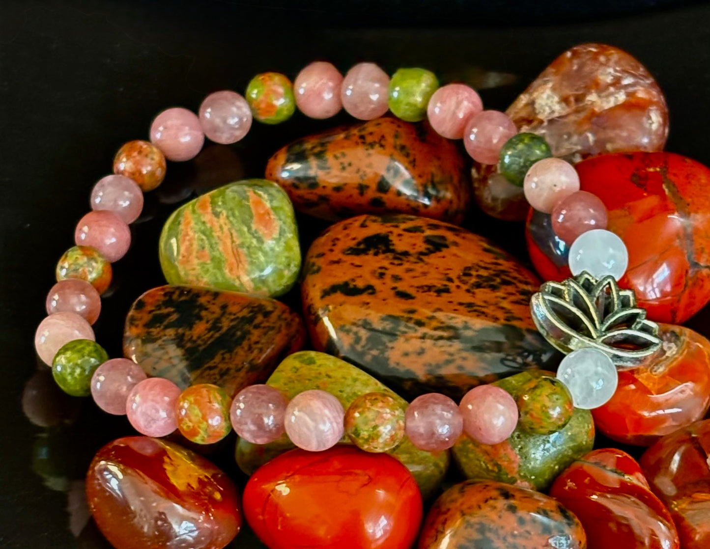 Chakra Healing Bracelet – Rose Quartz, Rhodonite & Unakite – 6mm Natural Stone Beads with Lotus Charm