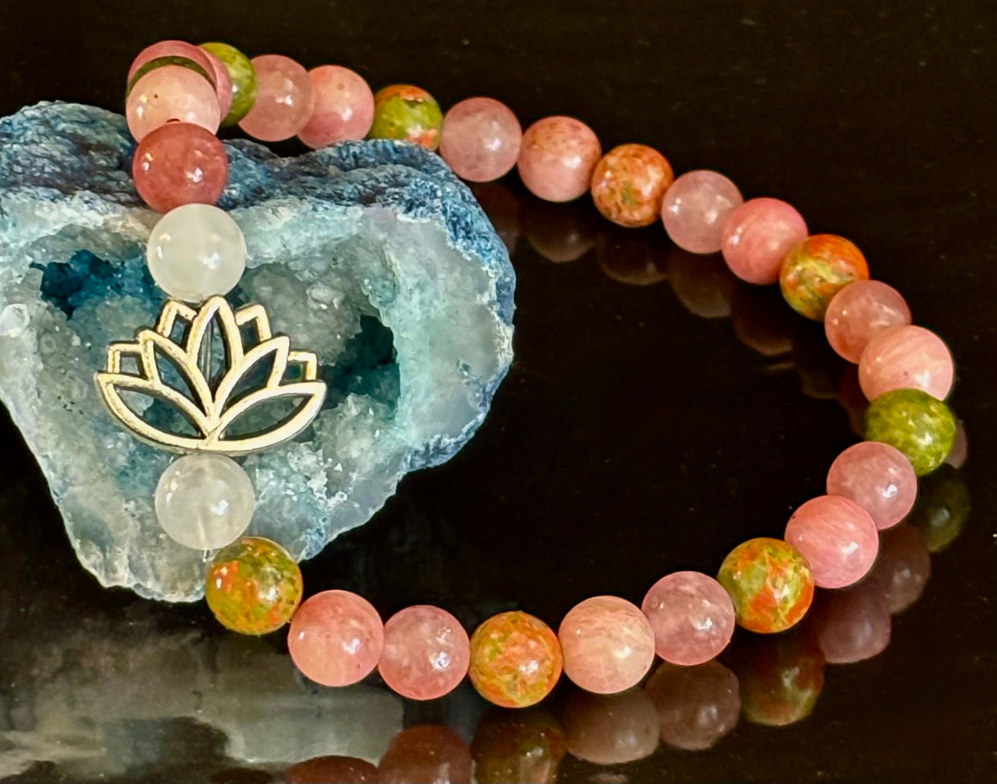 Chakra Healing Bracelet – Rose Quartz, Rhodonite & Unakite – 6mm Natural Stone Beads with Lotus Charm