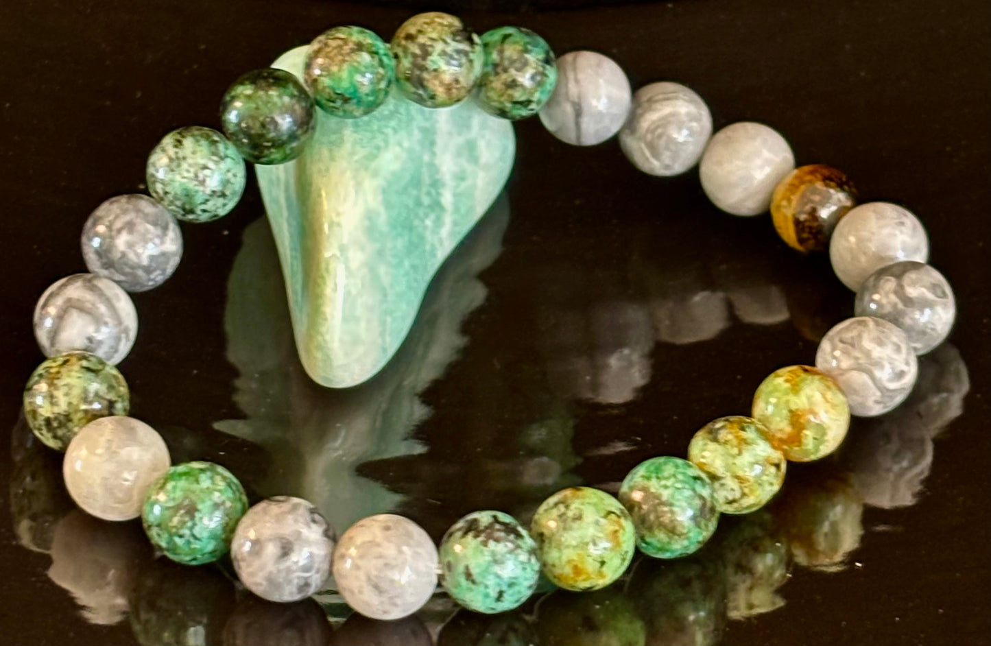 Pulsera de Poder Tranquilo - Turquesa Africana, Ojo de Tigre y Piedra Mapa (Muñecas Grandes)