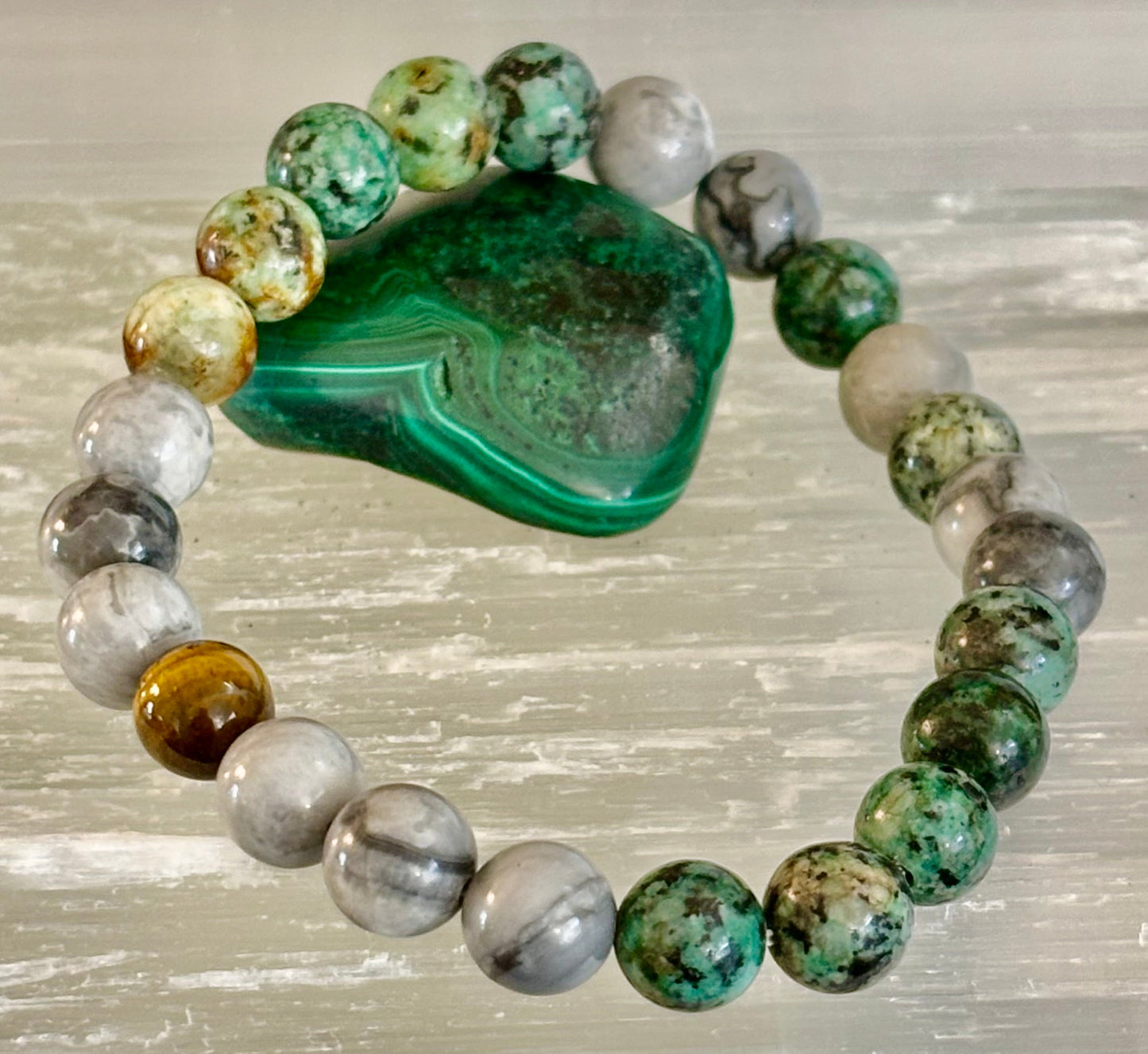Pulsera de Poder Tranquilo - Turquesa Africana, Ojo de Tigre y Piedra Mapa (Muñecas Grandes)