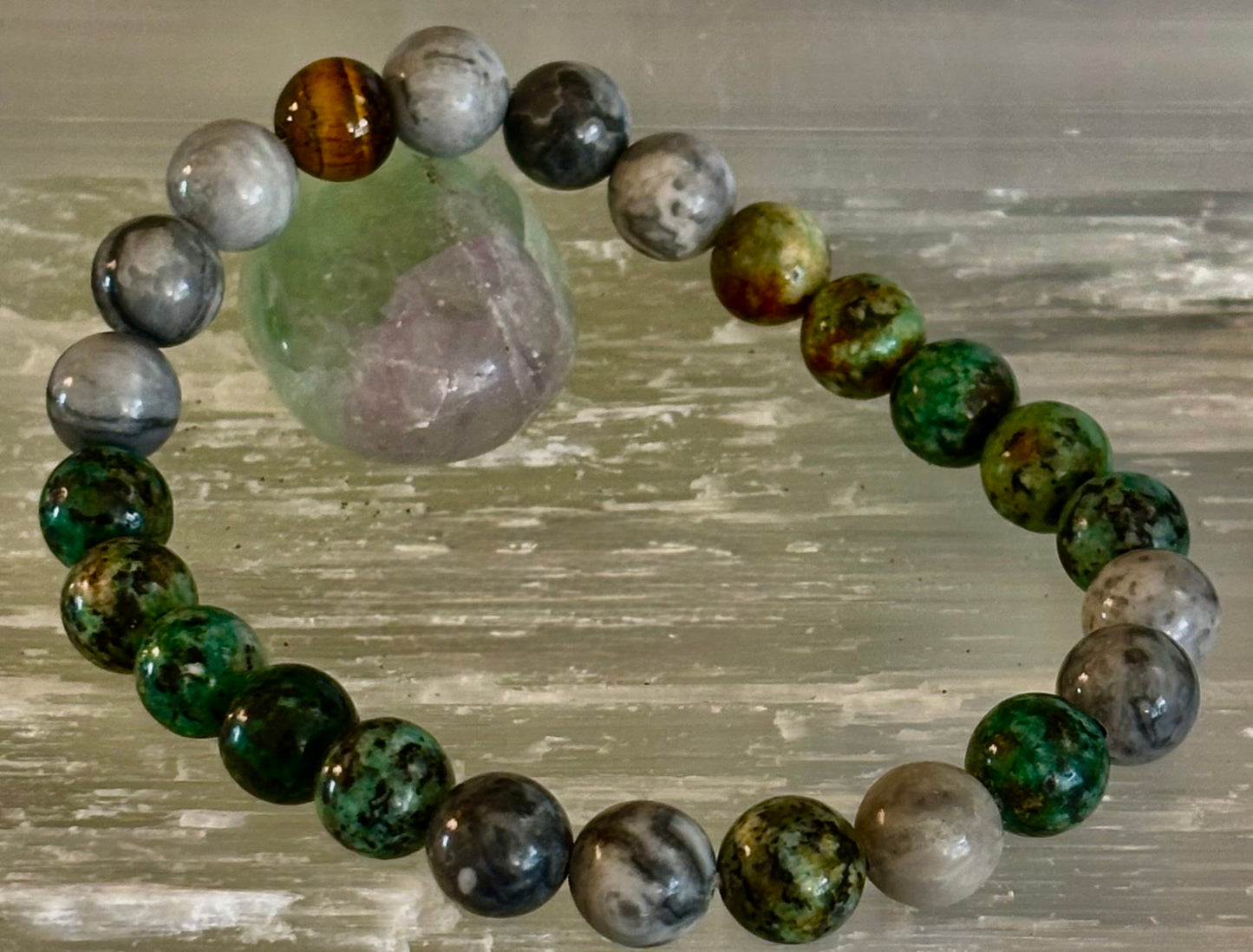 Pulsera de Poder Tranquilo - Turquesa Africana, Ojo de Tigre y Piedra Mapa (Muñecas Grandes)