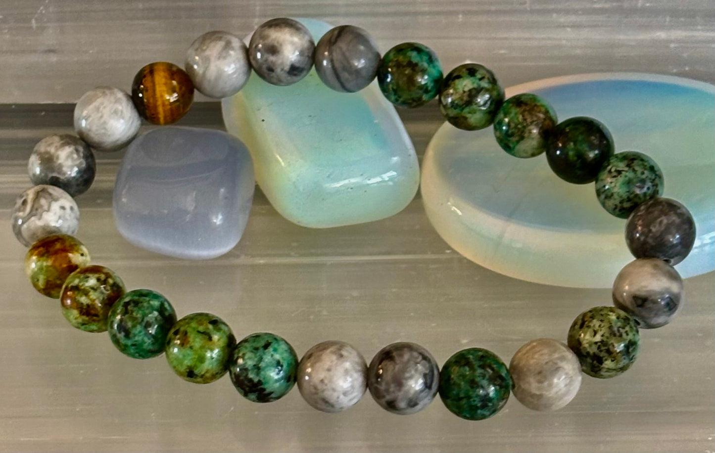 Pulsera de Poder Tranquilo - Turquesa Africana, Ojo de Tigre y Piedra Mapa (Muñecas Grandes)