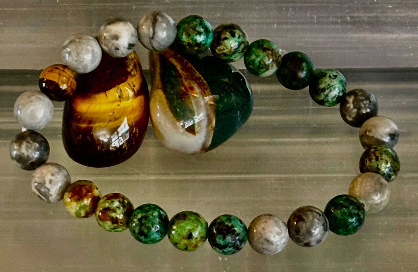 Pulsera de Poder Tranquilo - Turquesa Africana, Ojo de Tigre y Piedra Mapa (Muñecas Grandes)
